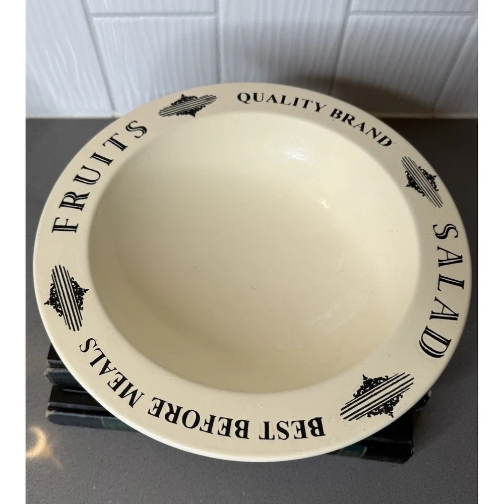 Vintage Style Enamelware Pedestal Fruit Bowl Cream & Black Cottagecore Metal GUC